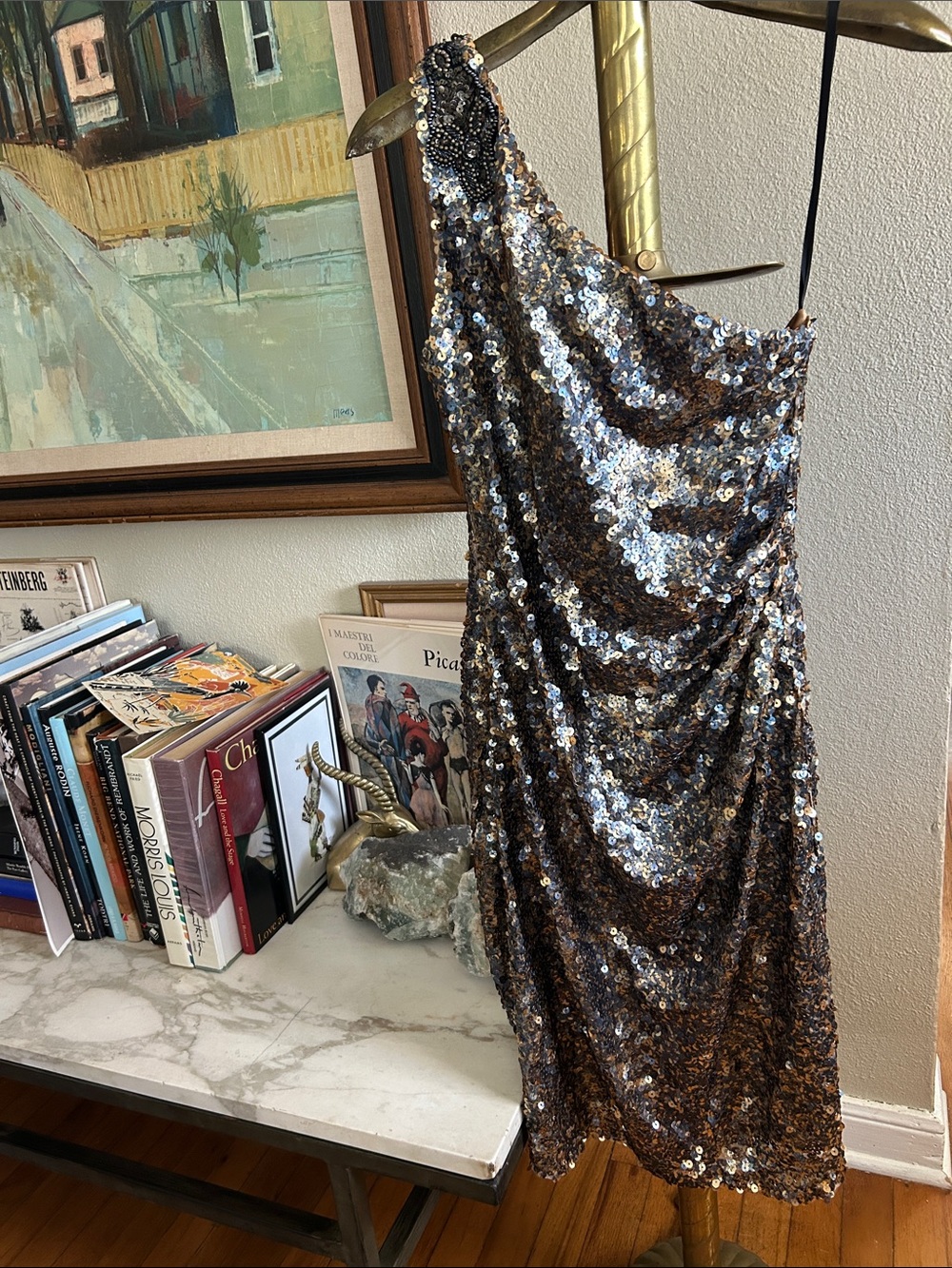 DAVID MEISTER One-Shoulder Sequined Cocktail Dress in Graphite and Bronze